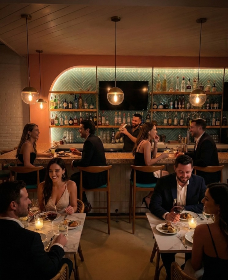 Intimate date night dining atmosphere at The Salty Zebra Bistro Jupiter Florida - casual fine dining restaurant interior with bar